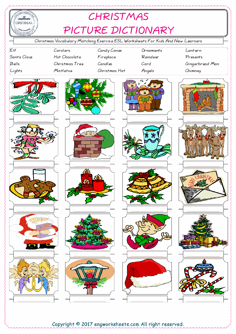  Christmas for Kids ESL Word Matching English Exercise Worksheet. 